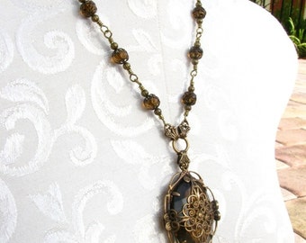 Filigree Pendant Necklace with Faux Smokey Quartz Jewel