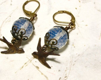 Filigree Swallow Earrings with Faceted Opalescent Czech