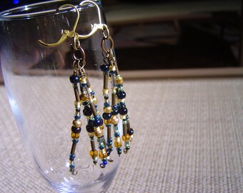 Blues and Golds Seed Bead Tassel Boho Style Earrings