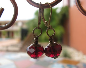 Deep Wine Red Faceted Rondelle Czech Glass Earrings with Brass Filigree Accents