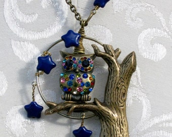 Rhinestone Owl Moon and Stars Brass Pendant Necklace