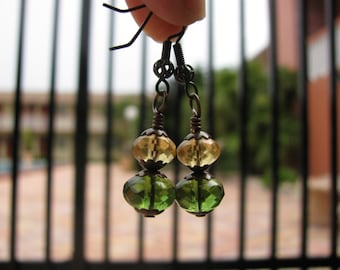 Sun Catcher Earrings in Spring Green and Sunny Yellow Faceted Czech Glass