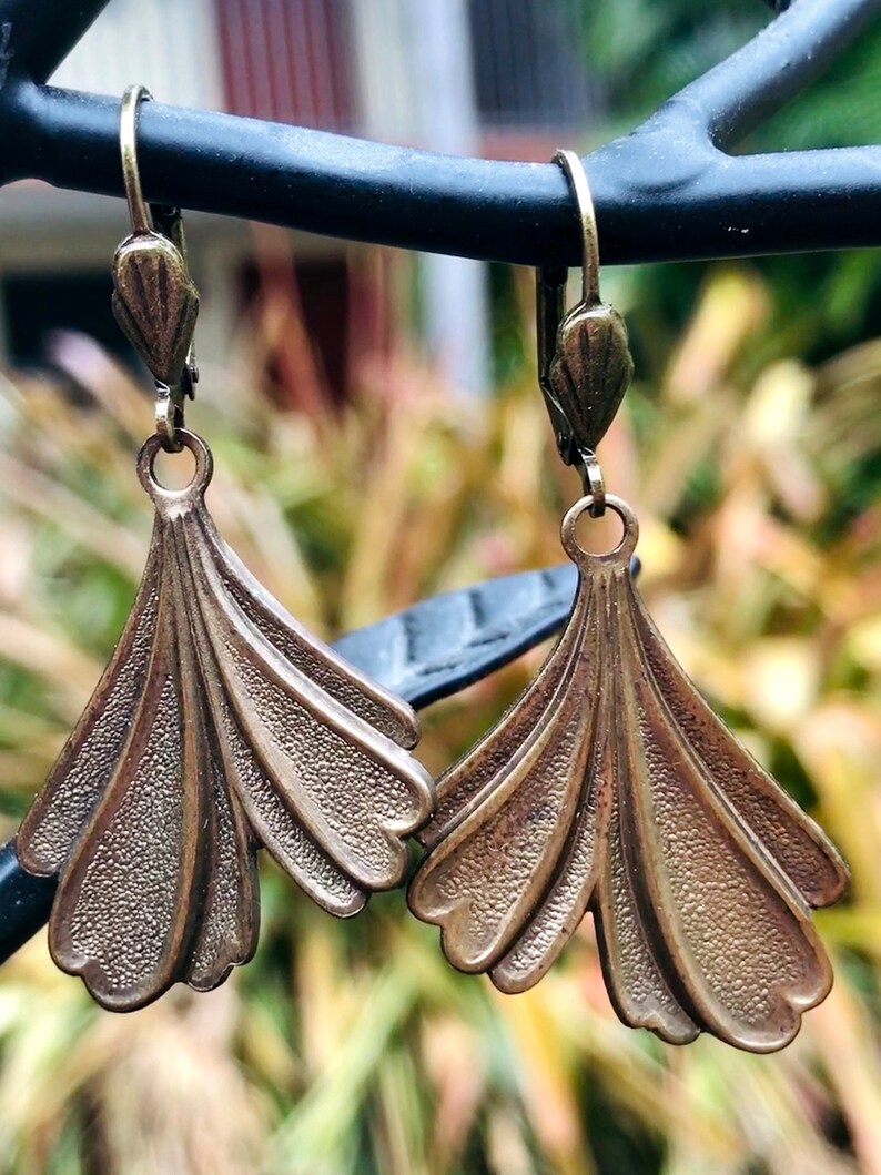 Lovely Brass Ginkgo Leaf Earrings with Lever Backs Ear Wires Having Cute Little Fan Accents image 10