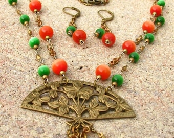 Filigree Fan Necklace with Orange and Green Double Chain and Tassle