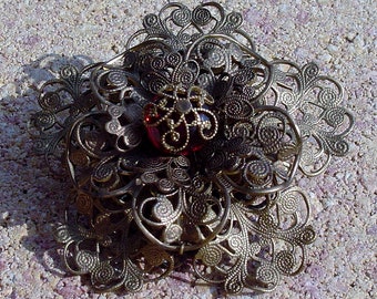 Brass Filigree Triple Layered Flower Brooch with Deep Wine Red Faceted Czech Glass Bead