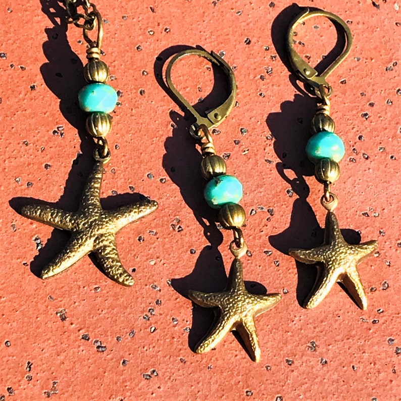 Dainty Starfish Necklace and Earring Set with Blue and Sand Colored Accent Beads image 2