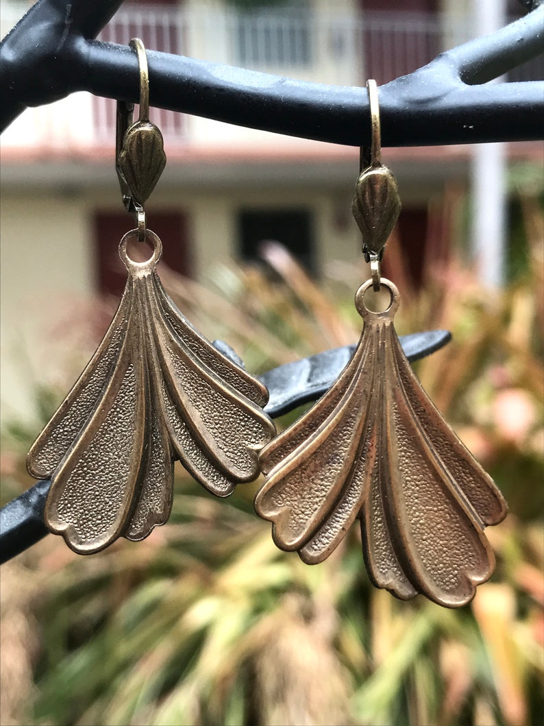 Lovely Brass Ginkgo Leaf Earrings with Lever Backs Ear Wires Having Cute Little Fan Accents image 2