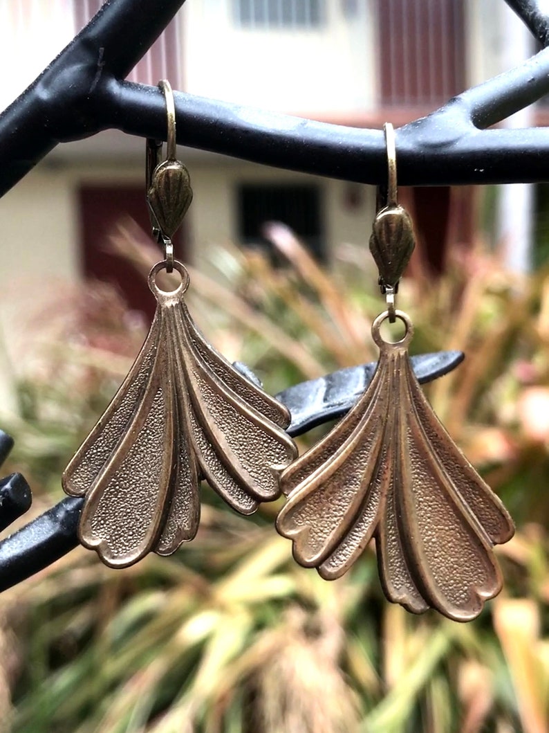 Lovely Brass Ginkgo Leaf Earrings with Lever Backs Ear Wires Having Cute Little Fan Accents image 1