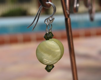 Pale Green Mother of Pearl Earrings on Sterling Silver Hooks with Olivine Green Swarovski Crystals