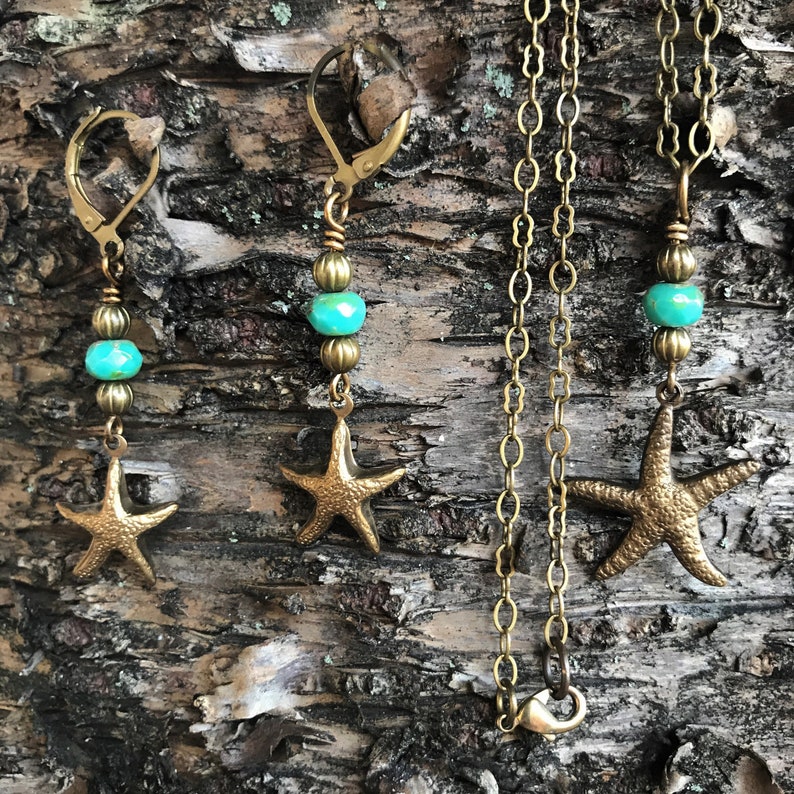 Dainty Starfish Necklace and Earring Set with Blue and Sand Colored Accent Beads image 5