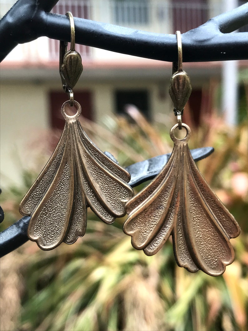 Lovely Brass Ginkgo Leaf Earrings with Lever Backs Ear Wires Having Cute Little Fan Accents image 3