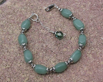 Aventurine and Bali Silver Bracelet with Erinite Swarovski Crystal and Sterling Assist Chain