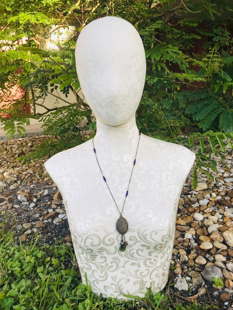 Large Celtic Style Locket with Charms and Beaded Chain