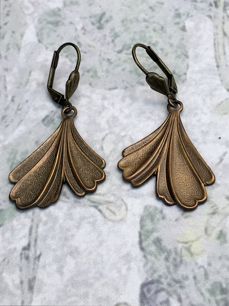 Lovely Brass Ginkgo Leaf Earrings with Lever Backs Ear Wires Having Cute Little Fan Accents image 5