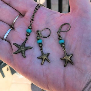 Dainty Starfish Necklace and Earring Set with Blue and Sand Colored Accent Beads image 10