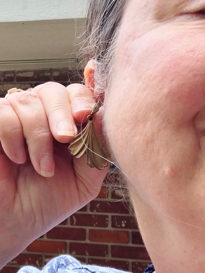 Lovely Brass Ginkgo Leaf Earrings with Lever Backs Ear Wires Having Cute Little Fan Accents image 7
