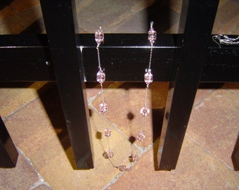 Sparkling Pink Cube Beads on Sterling Silver Chain Necklace with Matching Earrings