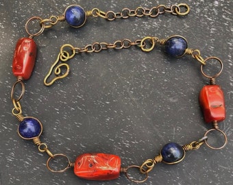 Chunky Carnelian and Sodalite Stone Necklace, with Mixed Wire, Chain and Unique Clasp