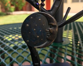 Once in A Blue Starry Moon Features A Man in the Moon on Dark Blue Night Sky on a Lovely Hand Beaded Chain