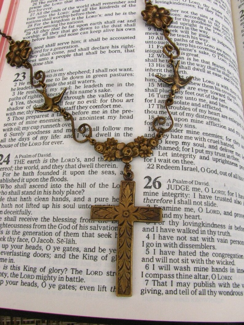 Mission San Juan Capistrano Cross Necklace Swallows and Flowers in Vintage Brass image 3