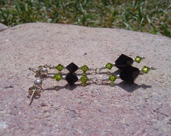 Swarovski And Silver Earrings Jet Black And Olivine Green Swarovski