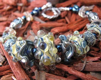 Yellow and Blue Lampwork Bracelet with Citrine and Montana Blue Swarovski Crystals