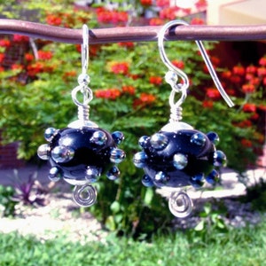 Oily Black and Silver Bumpy Bead Lampwork Earrings