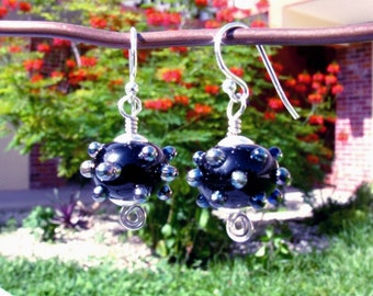 Oily Black and Silver Bumpy Bead Lampwork Earrings