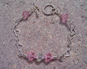 Silver Heart Bracelet With Pink Swarovski Crystal
