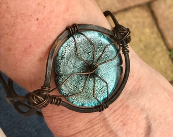 Aquamarine and Silver Foiled Dichroic Glass Stone in Copper Wire Wrapped Cuff Bracelet