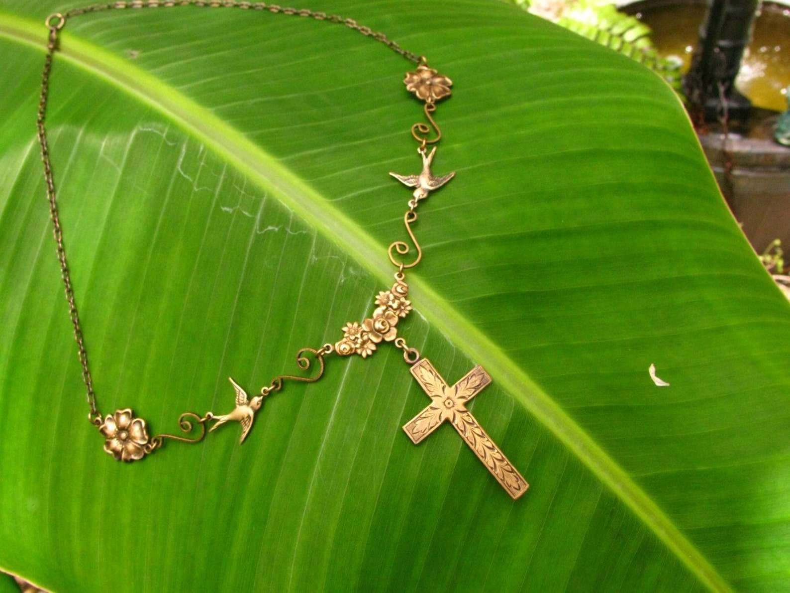 Mission San Juan Capistrano Cross Necklace Swallows and Flowers in