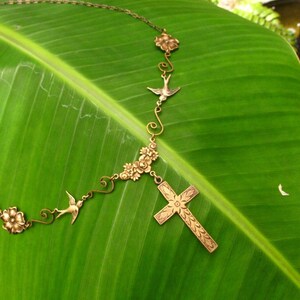 Mission San Juan Capistrano Cross Necklace Swallows and Flowers in Vintage Brass image 1