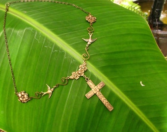 Mission San Juan Capistrano Cross Necklace Swallows and Flowers in Vintage Brass