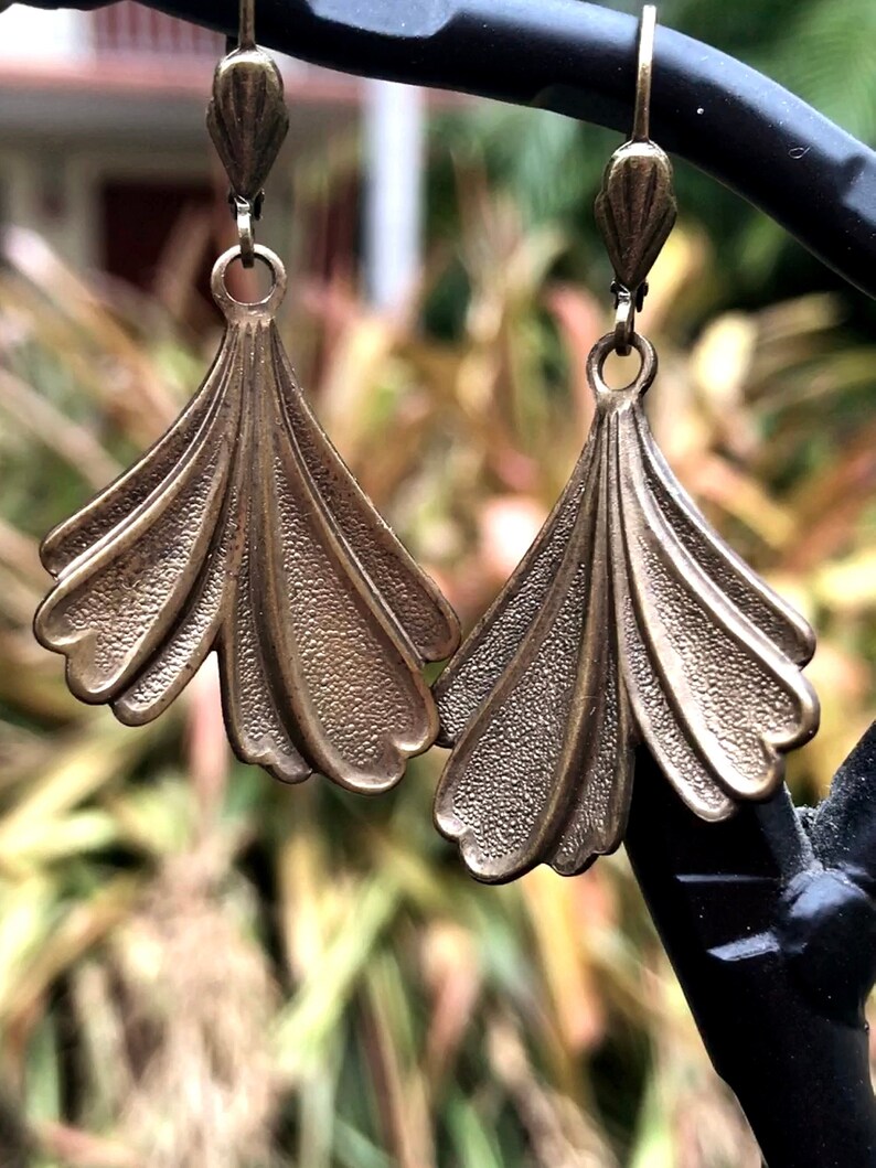 Lovely Brass Ginkgo Leaf Earrings with Lever Backs Ear Wires Having Cute Little Fan Accents image 4