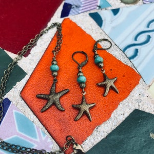 Dainty Starfish Necklace and Earring Set with Blue and Sand Colored Accent Beads image 6