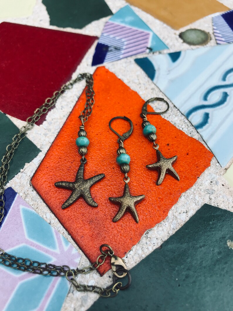 Dainty Starfish Necklace and Earring Set with Blue and Sand Colored Accent Beads image 6