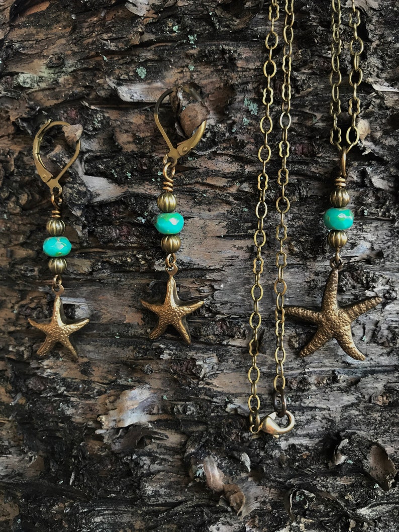 Dainty Starfish Necklace and Earring Set with Blue and Sand Colored Accent Beads image 3