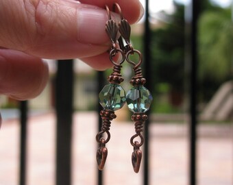 Copper Heart Earrings with Erinite Green Round Swarovski Crystals