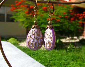 Lavender Purple Brocade Pear Earrings
