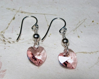 Pink Lead Crystal Heart and Silver Bead Dangle Earrings on Silver Wire