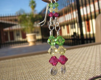 Long Earrings Fuchsia, Yellow and Green Swarovski Crystals on Silver Wire with Spirals