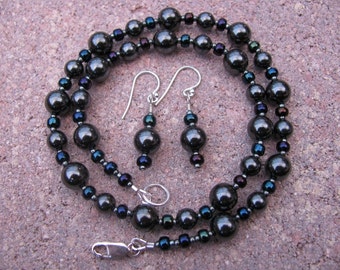 Hematite and Iridescent Bead  Necklace with Matching Earrings with Sterling Silver