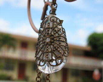 Large Filigree Teardrop Quartz Crystal Pendant Brass Chain