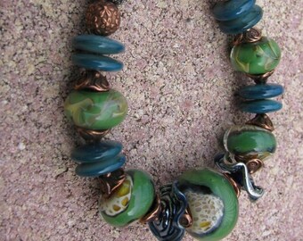 Green and Blue Lampwork Bracelet with Copper Accents and Mother of Pearl