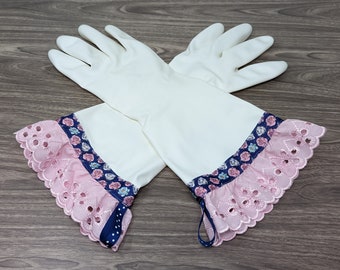 Designer Spring Cleaning Gloves. Size Medium. Denim Blue Latex Free Gloves with Rose Ribbon and Pink Eyelet Ruffle. Mother's Day Gift.