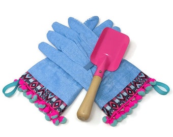 Denim Blue Southwest Garden Gloves. Tribal Pattern Ribbon Gloves with Pink and Mint Pom Poms. Mother's Day Gardener or Farmer Gift Under 30.