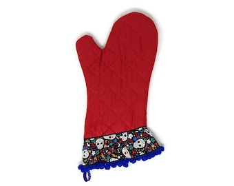 Sugar Skull Oven Mitt. Red Kitchen Pot Holder with Day of the Dead Ruffle and Blue Pom Poms. Floral Halloween Baking Glove.