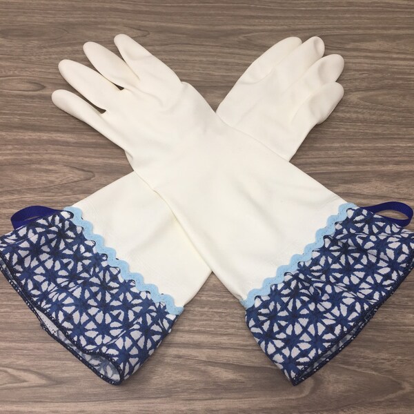Coastal Chic White Latex Free Cleaning Gloves. Size Large. Nautical Tie Dye Kitchen Dishwashing Gloves. Housewarming Gift.