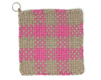 Pink and Beige Handwoven Potholder. Carnation and Flax Loop Handmade Trivet. 8 Inch Cotton Kitchen Baking Gift.