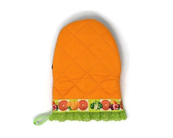 Fruity Orange Mini Oven Mitt with Neoprene Palm. Raw Vegan Kitchen Pot Holder with Lime Green Lace Ruffle. Housewarming Baking Gift.